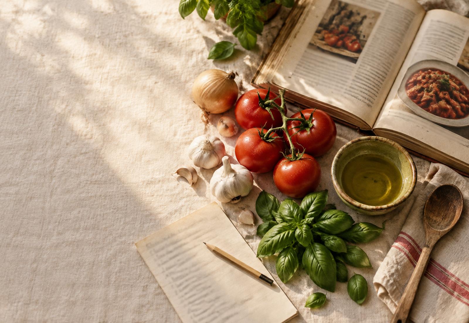 Cookbook, tomatoes, garlic and basil beside a handwritten grocery list